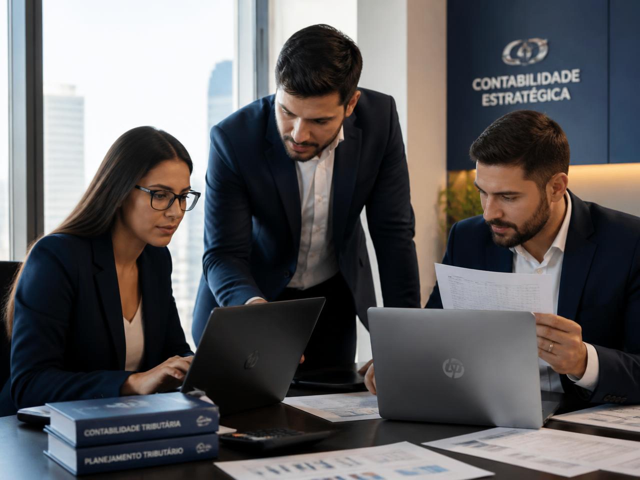 Equipe de um escritório contábil brasileiro analisando documentos fiscais